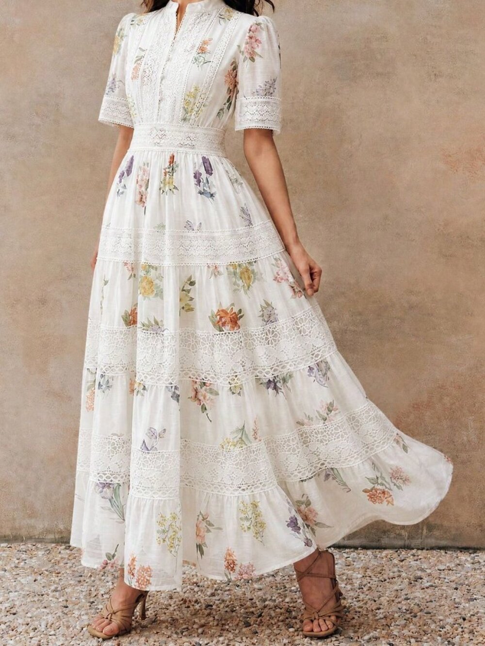 White Boho Women's Floral Print Waist-Cinched Flared Dress - Picture 6 of 8